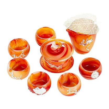 Three Times Inlaid Silver Gilded Colored Glaze Tea Cup with Cover Kung Fu Tea Set Office Home Agate Jade Tea Cup Gift Box