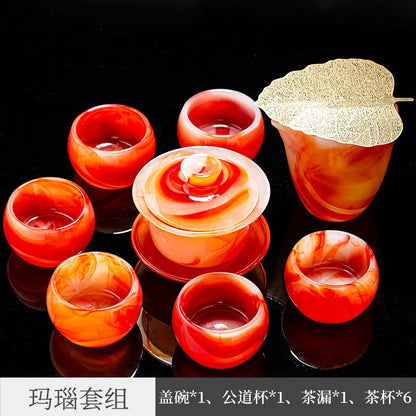 Three Times Inlaid Silver Gilded Colored Glaze Tea Cup with Cover Kung Fu Tea Set Office Home Agate Jade Tea Cup Gift Box