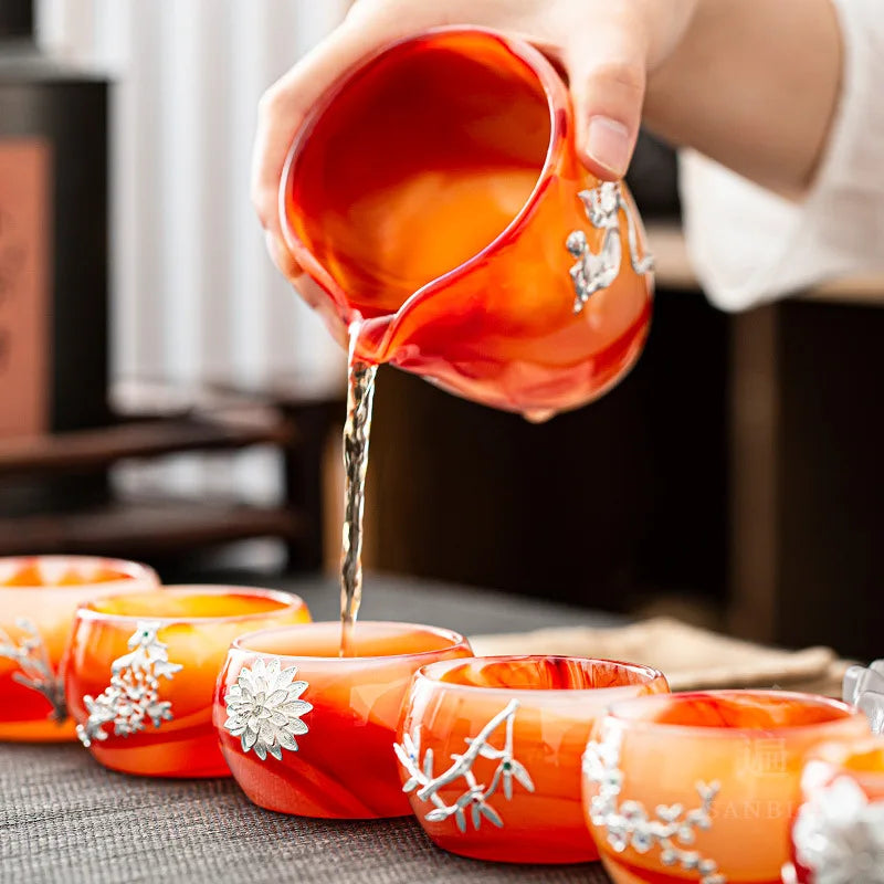 Three Times Inlaid Silver Gilded Colored Glaze Tea Cup with Cover Kung Fu Tea Set Office Home Agate Jade Tea Cup Gift Box