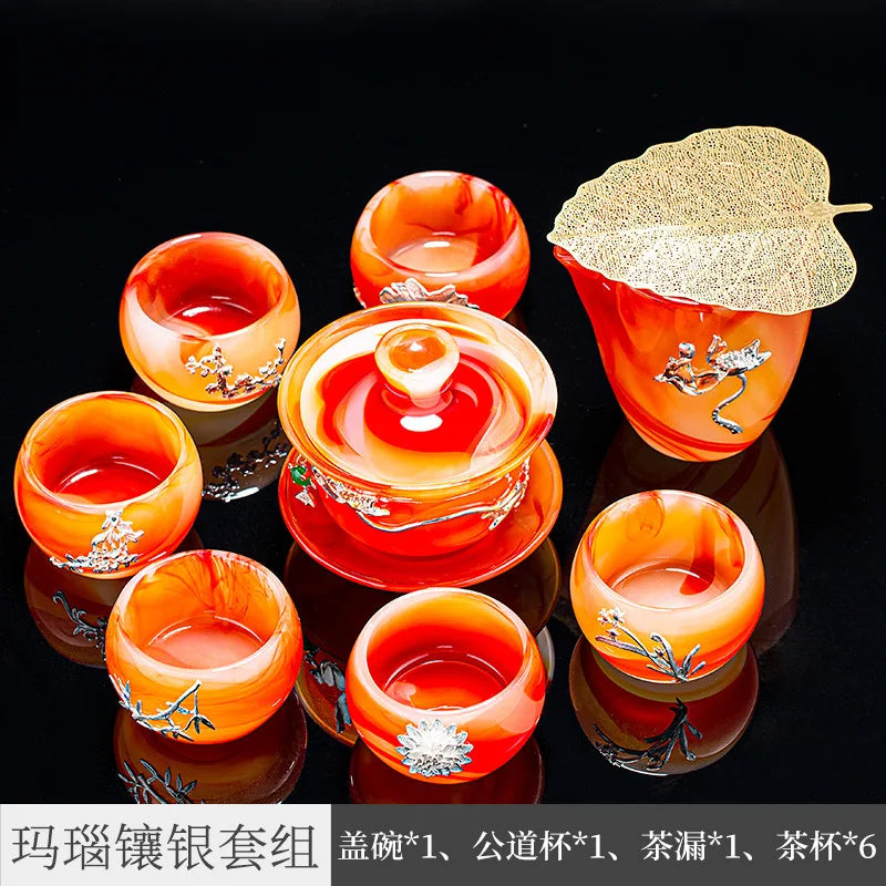 Three Times Inlaid Silver Gilded Colored Glaze Tea Cup with Cover Kung Fu Tea Set Office Home Agate Jade Tea Cup Gift Box