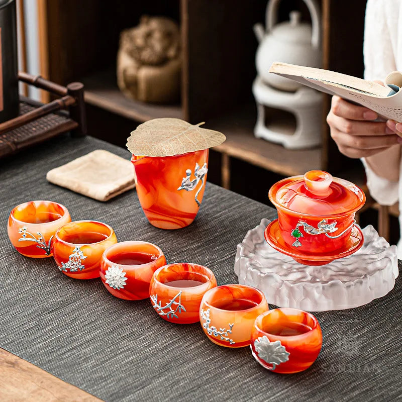 Three Times Inlaid Silver Gilded Colored Glaze Tea Cup with Cover Kung Fu Tea Set Office Home Agate Jade Tea Cup Gift Box