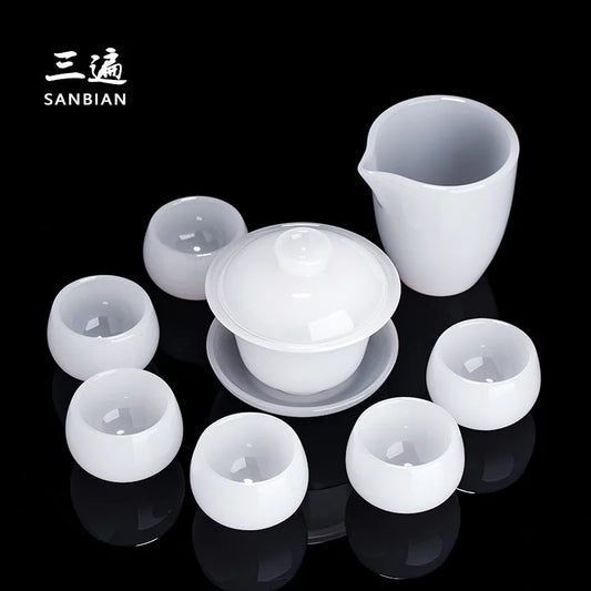 Three Times Jade Porcelain Tea Set Cover Teacup Pitcher Large White Porcelain Teapot Household Complete Set Kung Fu Tea Set