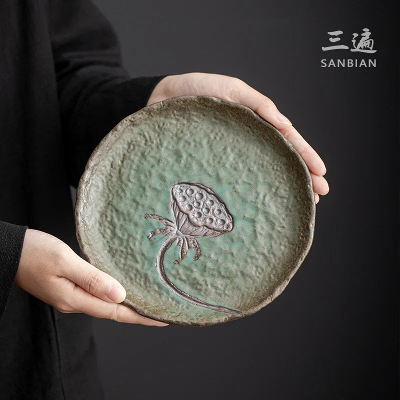 Three Times Japanese Hand Pinch round Pot Zen Tea Table Kiln Baked Pot Bearing Kettle Mat Kombucha Seats Tea Ceremony Utensil