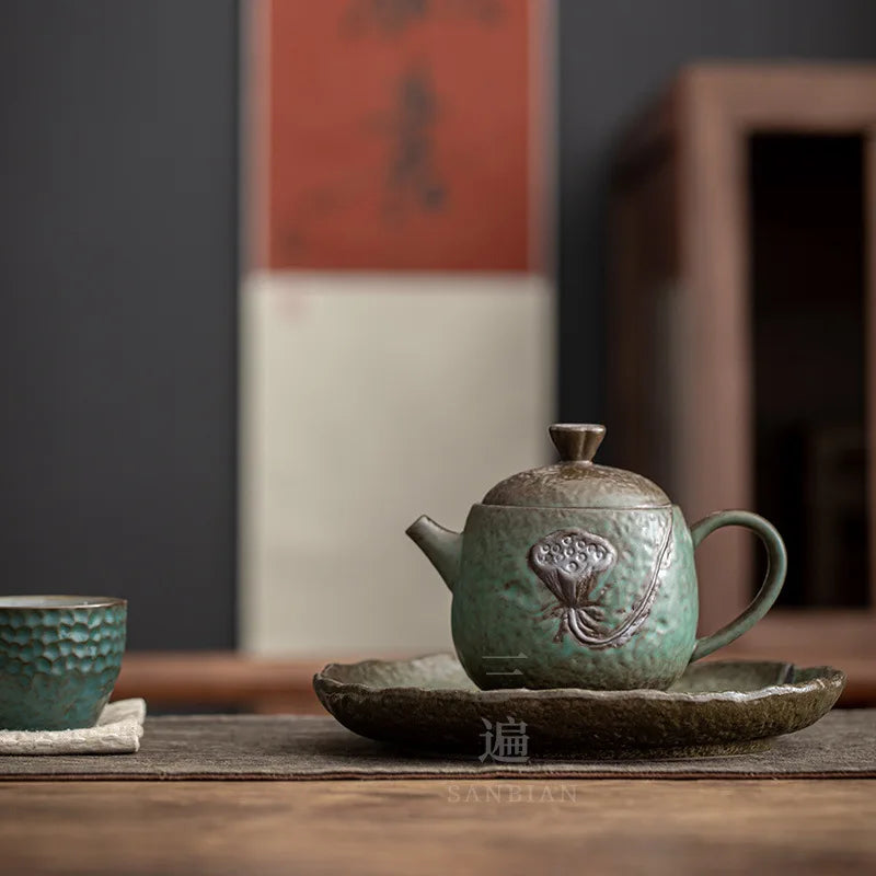 Three Times Japanese Hand Pinch round Pot Zen Tea Table Kiln Baked Pot Bearing Kettle Mat Kombucha Seats Tea Ceremony Utensil