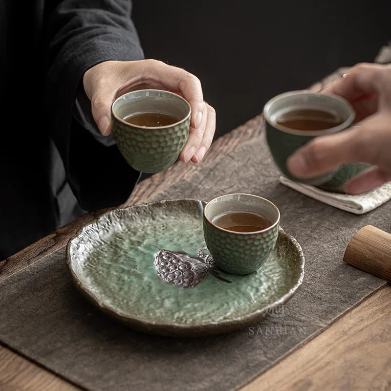 Three Times Japanese Hand Pinch round Pot Zen Tea Table Kiln Baked Pot Bearing Kettle Mat Kombucha Seats Tea Ceremony Utensil