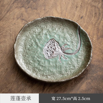 Three Times Japanese Hand Pinch round Pot Zen Tea Table Kiln Baked Pot Bearing Kettle Mat Kombucha Seats Tea Ceremony Utensil