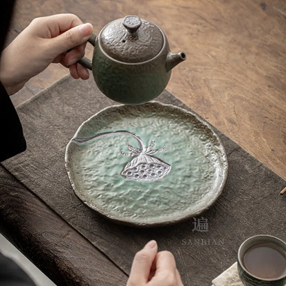 Three Times Japanese Hand Pinch round Pot Zen Tea Table Kiln Baked Pot Bearing Kettle Mat Kombucha Seats Tea Ceremony Utensil