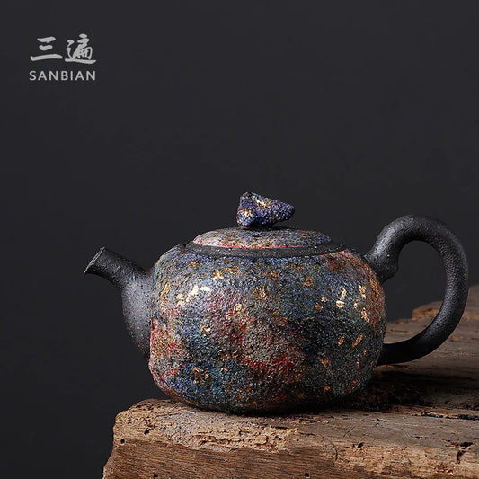 Three Times Japanese Rock and Mineral Colorful Teapot Taiwan Handmade Rock Pot Kung Fu Tea Set Ball Hole Stoneware Teapot