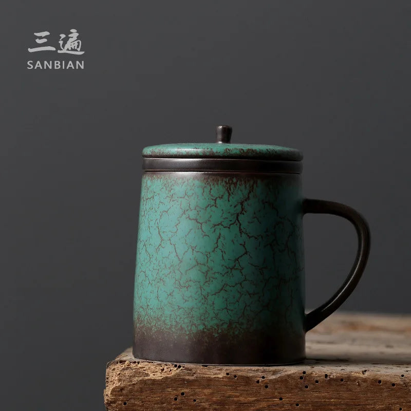 Three Times Japanese Simple Office Personal Cup Ceramic Cup with Cover Tea Water Separation with Cover Strain Mug Tea Cup