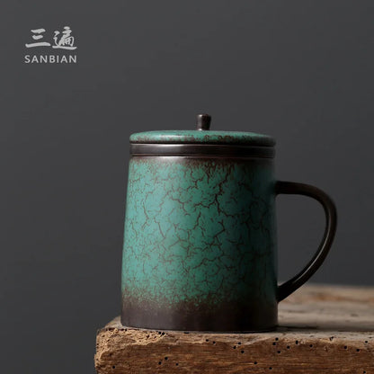 Three Times Japanese Simple Office Personal Cup Ceramic Cup with Cover Tea Water Separation with Cover Strain Mug Tea Cup