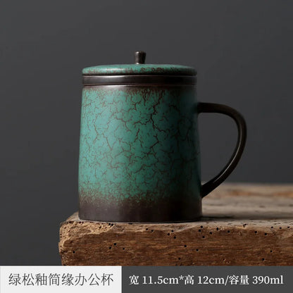 Three Times Japanese Simple Office Personal Cup Ceramic Cup with Cover Tea Water Separation with Cover Strain Mug Tea Cup