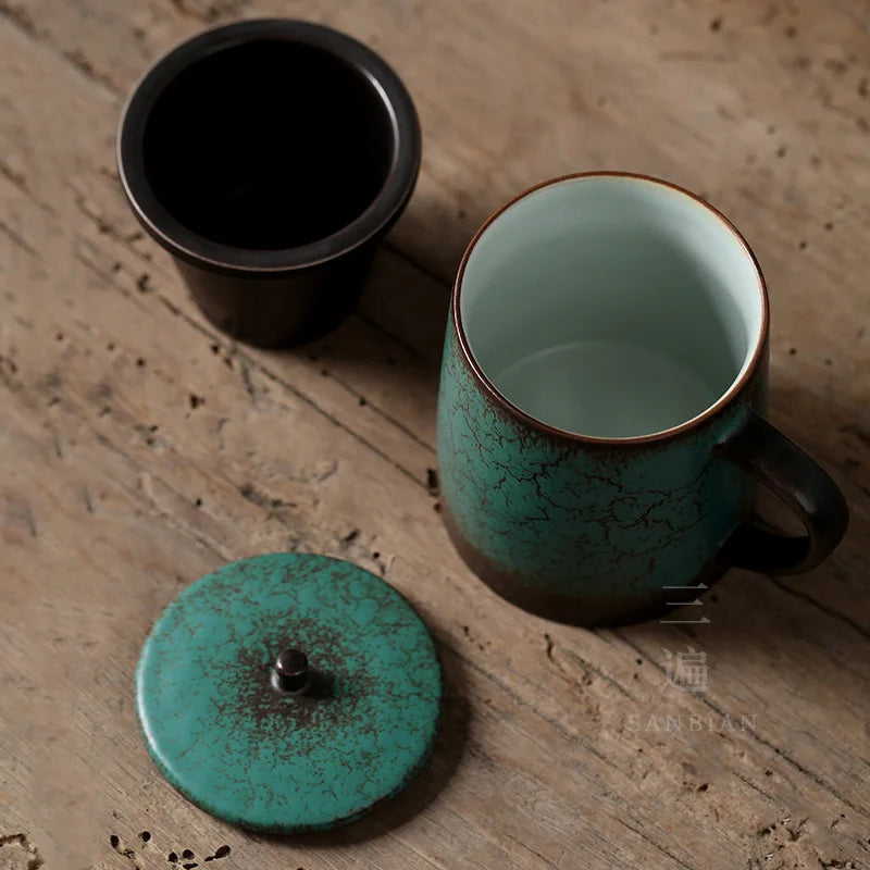 Three Times Japanese Simple Office Personal Cup Ceramic Cup with Cover Tea Water Separation with Cover Strain Mug Tea Cup