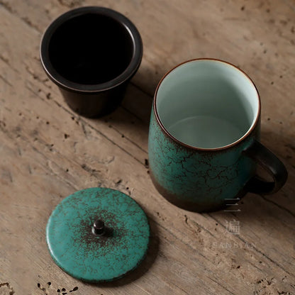 Three Times Japanese Simple Office Personal Cup Ceramic Cup with Cover Tea Water Separation with Cover Strain Mug Tea Cup
