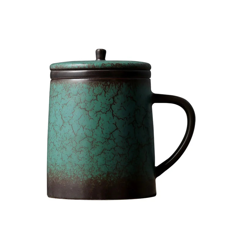 Three Times Japanese Simple Office Personal Cup Ceramic Cup with Cover Tea Water Separation with Cover Strain Mug Tea Cup