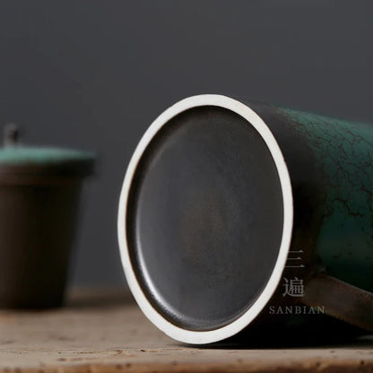 Three Times Japanese Simple Office Personal Cup Ceramic Cup with Cover Tea Water Separation with Cover Strain Mug Tea Cup