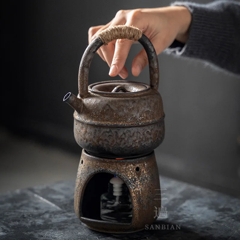 Three Times Japanese Style Coarse Pottery Tea Brewing Pot Creative Retro Rust Glaze Loop-Handled Teapot Ceramic Large Alcohol
