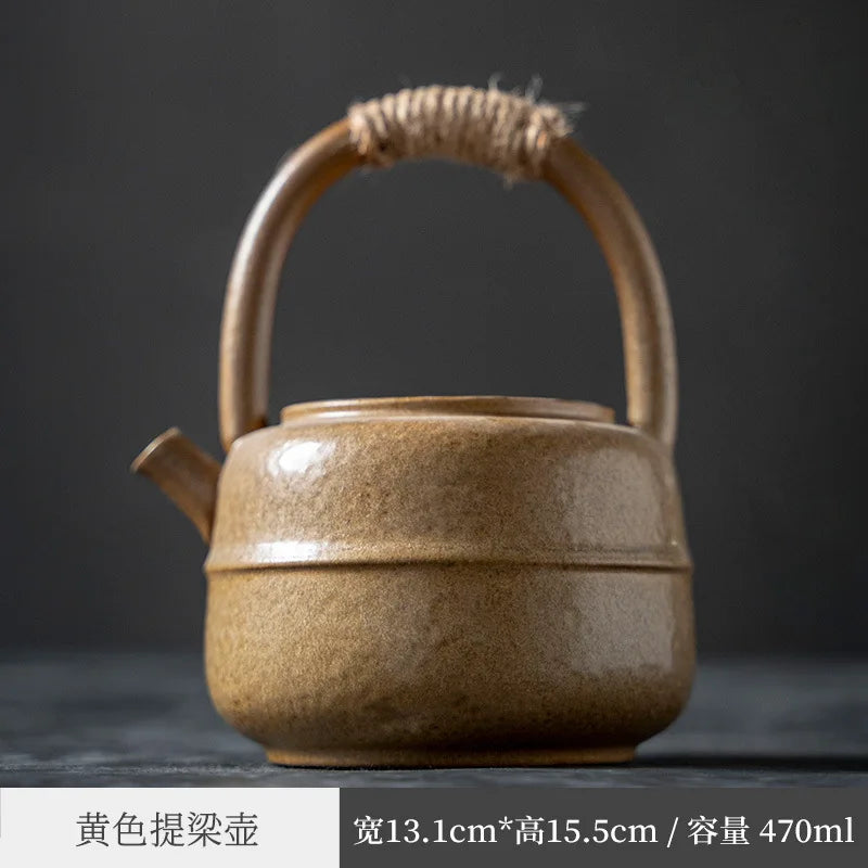 Three Times Japanese Style Coarse Pottery Tea Brewing Pot Creative Retro Rust Glaze Loop-Handled Teapot Ceramic Large Alcohol