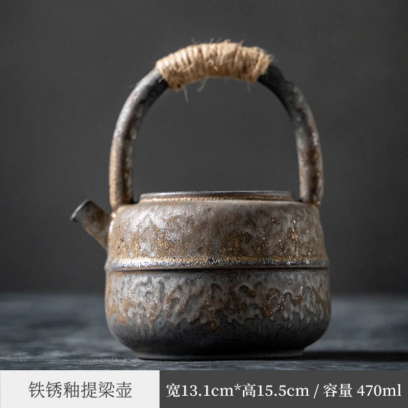 Three Times Japanese Style Coarse Pottery Tea Brewing Pot Creative Retro Rust Glaze Loop-Handled Teapot Ceramic Large Alcohol
