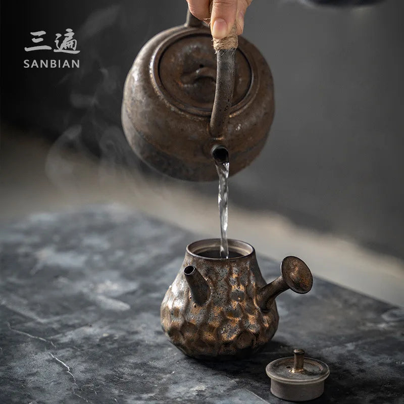 Three Times Japanese Style Coarse Pottery Tea Brewing Pot Creative Retro Rust Glaze Loop-Handled Teapot Ceramic Large Alcohol