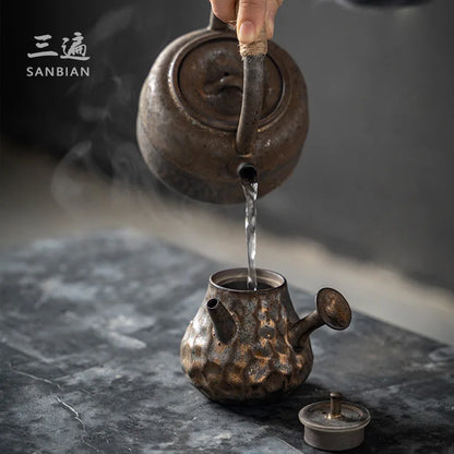 Three Times Japanese Style Coarse Pottery Tea Brewing Pot Creative Retro Rust Glaze Loop-Handled Teapot Ceramic Large Alcohol