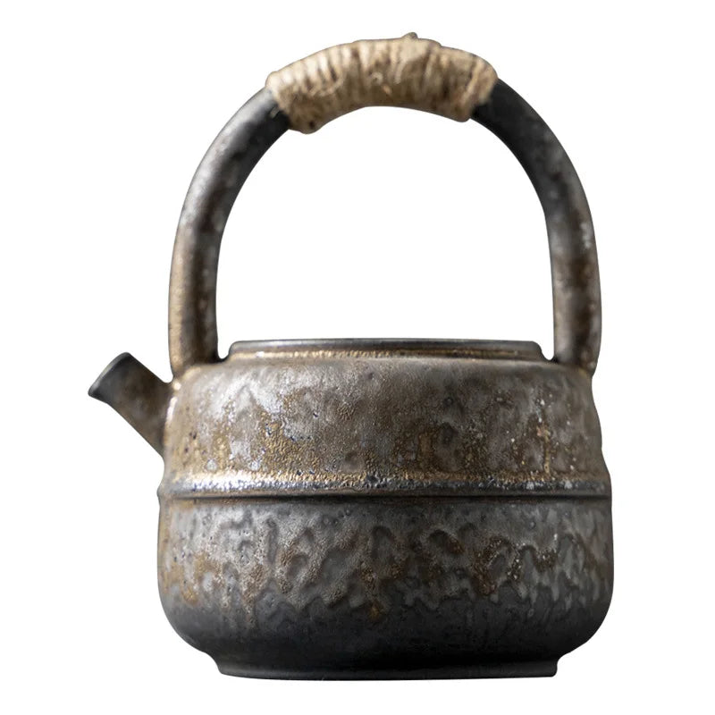 Three Times Japanese Style Coarse Pottery Tea Brewing Pot Creative Retro Rust Glaze Loop-Handled Teapot Ceramic Large Alcohol