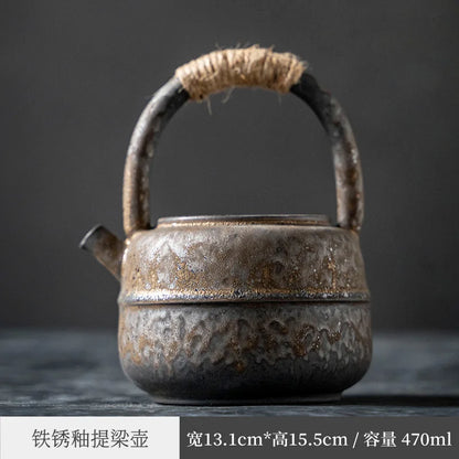 Three Times Japanese Style Coarse Pottery Tea Brewing Pot Creative Retro Rust Glaze Loop-Handled Teapot Ceramic Large Alcohol