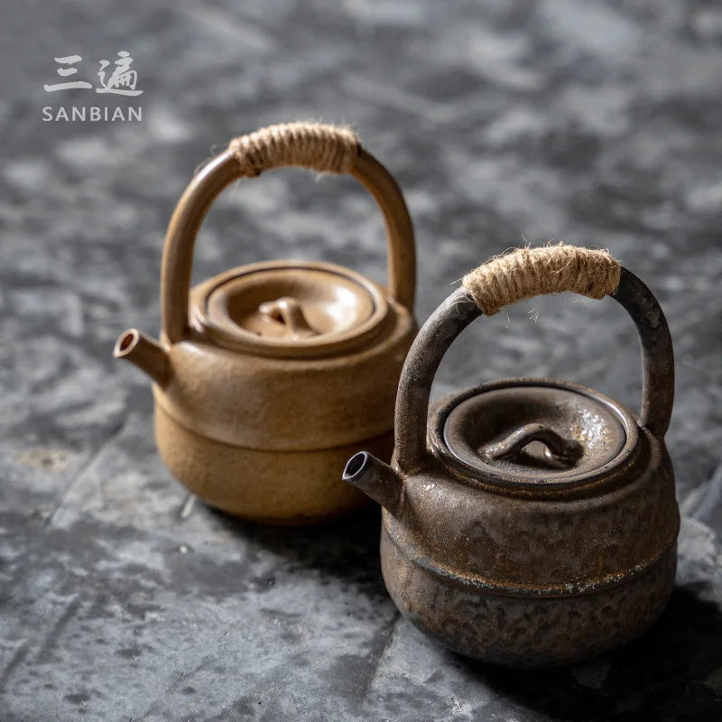 Three Times Japanese Style Coarse Pottery Tea Brewing Pot Creative Retro Rust Glaze Loop-Handled Teapot Ceramic Large Alcohol