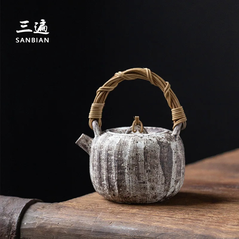 Three Times|Japanese-Style Pink Hand-Made Rattan Loop-Handled Teapot Japanese Retro Kung Fu Tea Teaware Tea Brewing Pot Humani