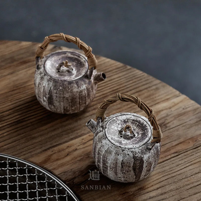 Three Times|Japanese-Style Pink Hand-Made Rattan Loop-Handled Teapot Japanese Retro Kung Fu Tea Teaware Tea Brewing Pot Humani