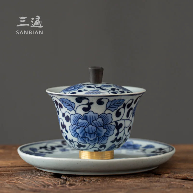 Three Times Jingdezhen Copper Sole Ceramic Blue and White Tureen in Chinese Antique Style Tea Set Gaiwan Tureen Large Tea Cup