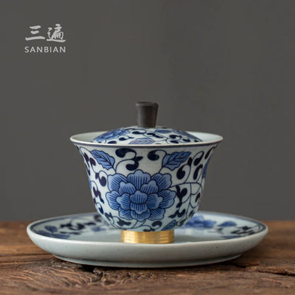 Three Times Jingdezhen Copper Sole Ceramic Blue and White Tureen in Chinese Antique Style Tea Set Gaiwan Tureen Large Tea Cup