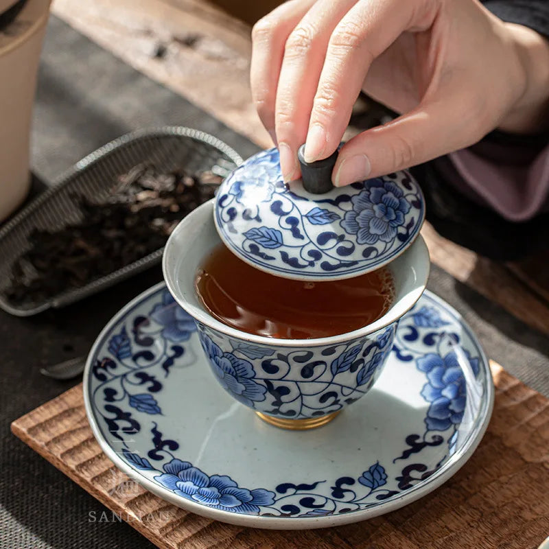Three Times Jingdezhen Copper Sole Ceramic Blue and White Tureen in Chinese Antique Style Tea Set Gaiwan Tureen Large Tea Cup