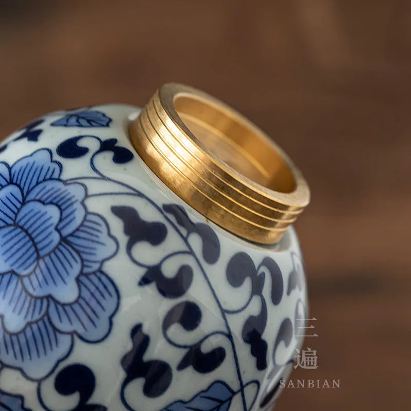 Three Times Jingdezhen Copper Sole Ceramic Blue and White Tureen in Chinese Antique Style Tea Set Gaiwan Tureen Large Tea Cup