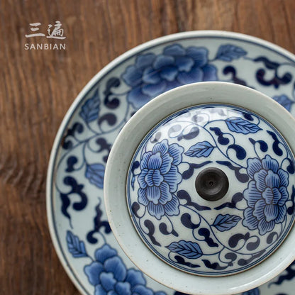 Three Times Jingdezhen Copper Sole Ceramic Blue and White Tureen in Chinese Antique Style Tea Set Gaiwan Tureen Large Tea Cup