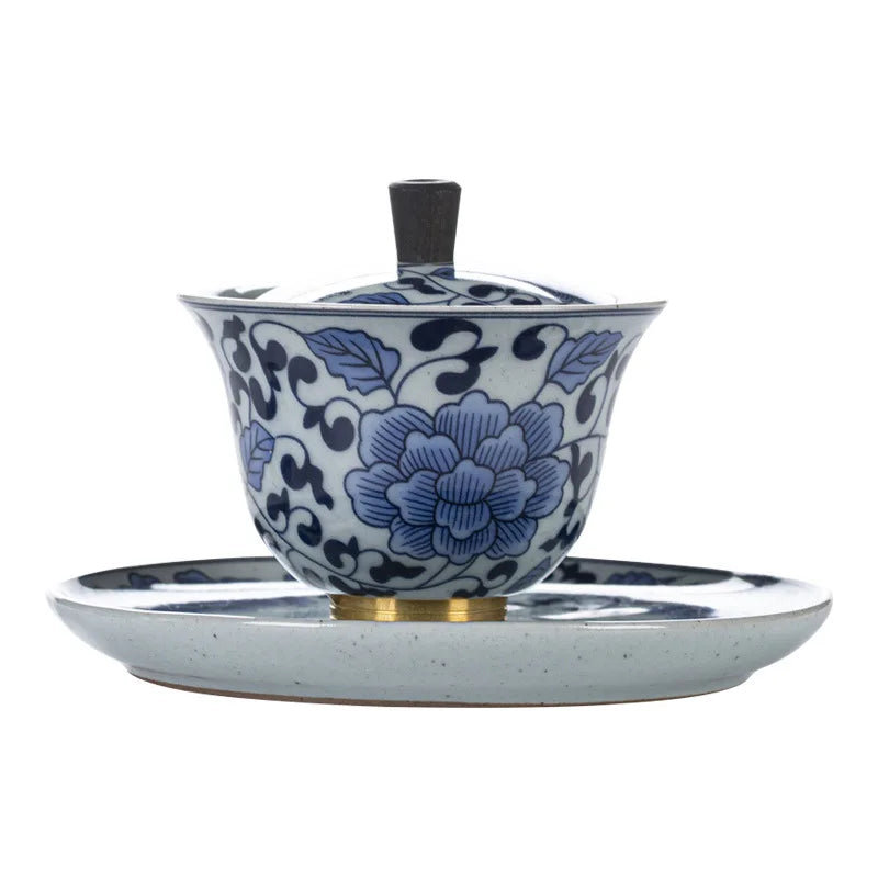 Three Times Jingdezhen Copper Sole Ceramic Blue and White Tureen in Chinese Antique Style Tea Set Gaiwan Tureen Large Tea Cup