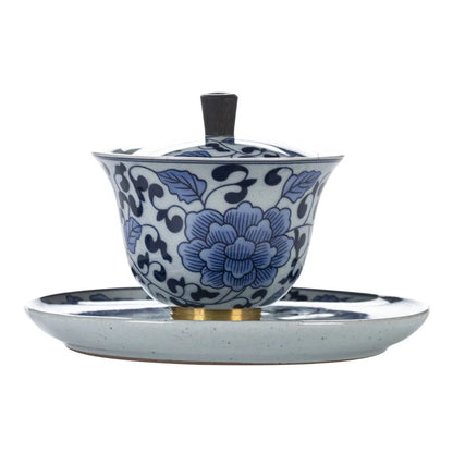 Three Times Jingdezhen Copper Sole Ceramic Blue and White Tureen in Chinese Antique Style Tea Set Gaiwan Tureen Large Tea Cup