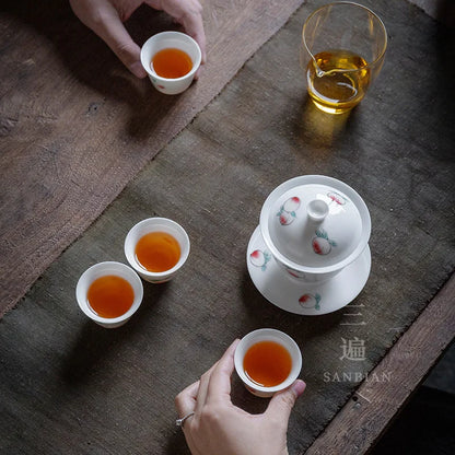 Three Times Jingdezhen Hand-Painted Gaiwan Cup Kung Fu White Porcelain Egg-Shell Porcelain Large Size Tea Brewing Bowl Househo