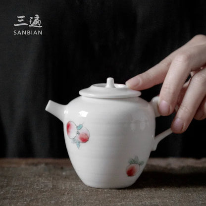 Three Times Jingdezhen Hand Painted White Porcelain Longevity Peach Teapot Single Teapot Ceramic Household Small Filter Teapot