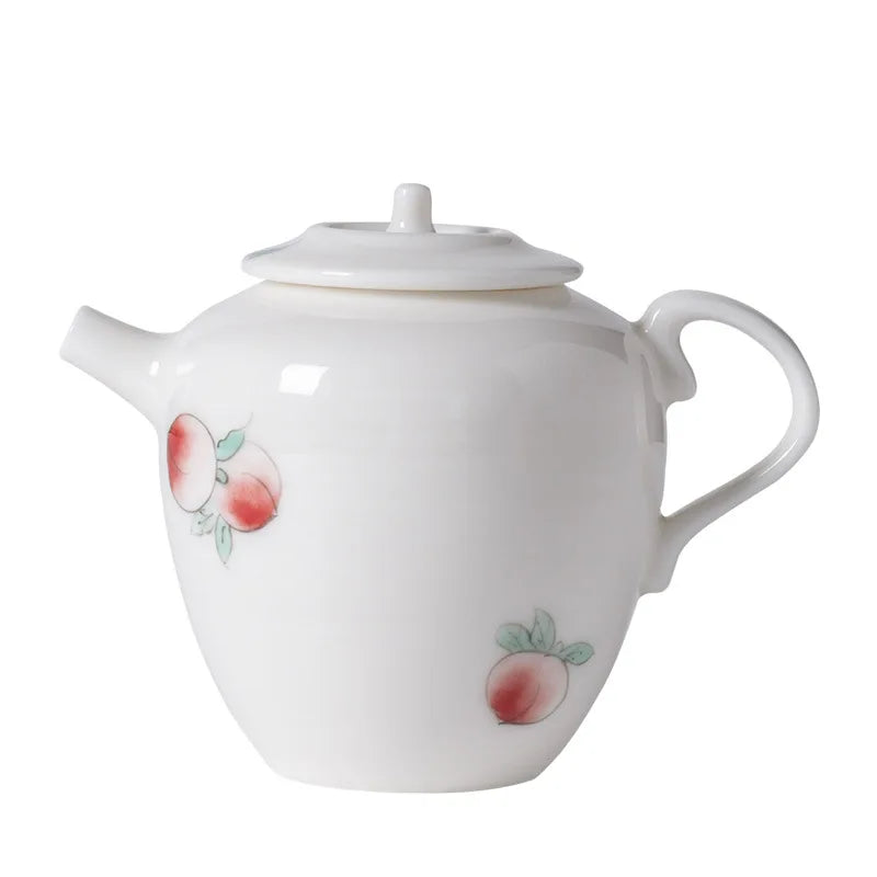 Three Times Jingdezhen Hand Painted White Porcelain Longevity Peach Teapot Single Teapot Ceramic Household Small Filter Teapot