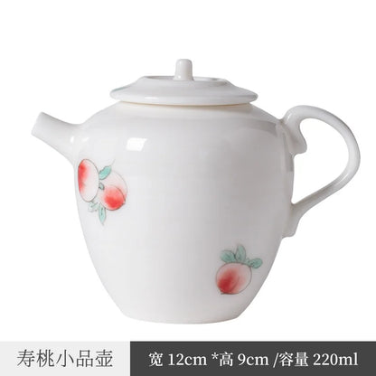 Three Times Jingdezhen Hand Painted White Porcelain Longevity Peach Teapot Single Teapot Ceramic Household Small Filter Teapot