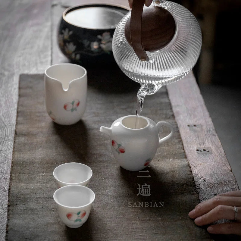 Three Times Jingdezhen Hand Painted White Porcelain Longevity Peach Teapot Single Teapot Ceramic Household Small Filter Teapot