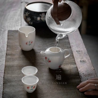 Three Times Jingdezhen Hand Painted White Porcelain Longevity Peach Teapot Single Teapot Ceramic Household Small Filter Teapot