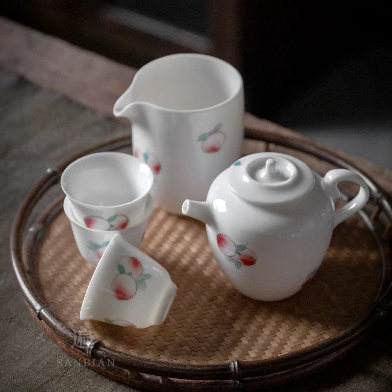 Three Times Jingdezhen Hand Painted White Porcelain Longevity Peach Teapot Single Teapot Ceramic Household Small Filter Teapot