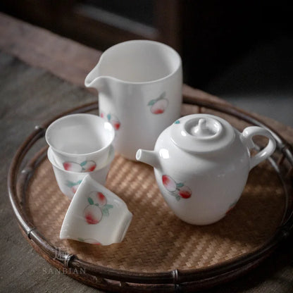 Three Times Jingdezhen Hand Painted White Porcelain Longevity Peach Teapot Single Teapot Ceramic Household Small Filter Teapot