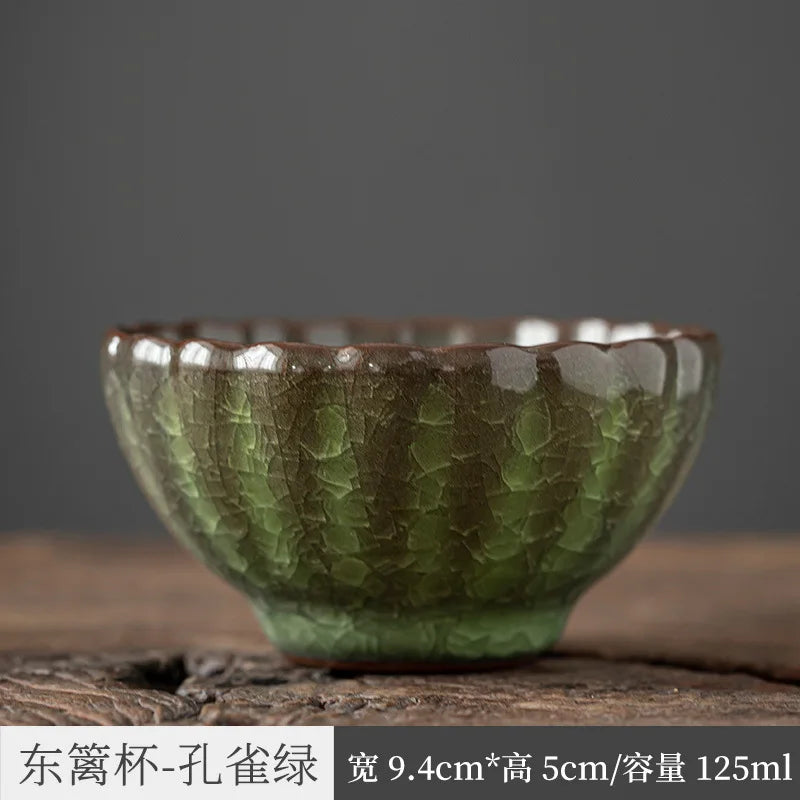 Three Times Longquan Celadon Ge Kiln Ice Crack Tea Cup Master Cup Single Cup Porcelain Kung Fu Tea Set Tea Cup