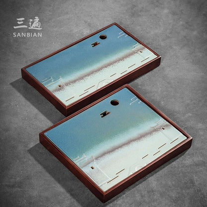 Three Times Moqing Tea Tray Kung Fu Tea Set Bamboo Tea Tray Tea Ceremony Square Tea Table Water Storage Plate Ceramic Plate Su