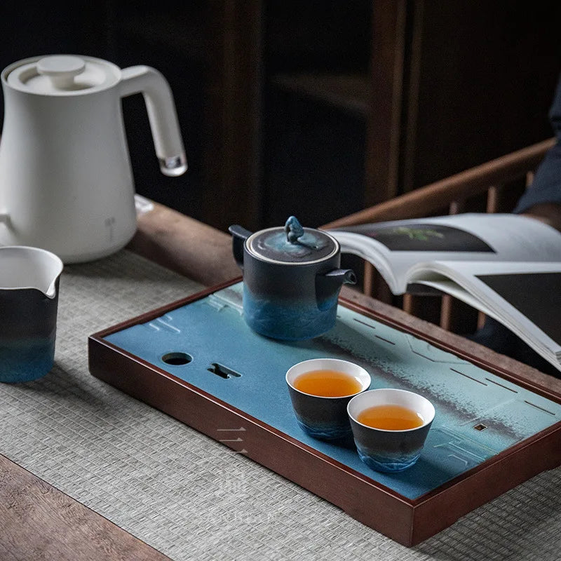 Three Times Moqing Tea Tray Kung Fu Tea Set Bamboo Tea Tray Tea Ceremony Square Tea Table Water Storage Plate Ceramic Plate Su