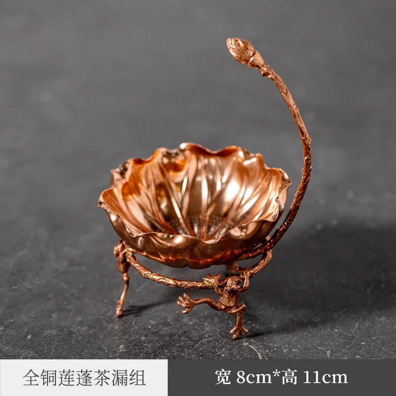Three Times Red Copper Tea Funnel Tea Strainer Pitcher Set Tea Strainer Filter Screen Rack Pure Copper Frog Creative Saucer Te
