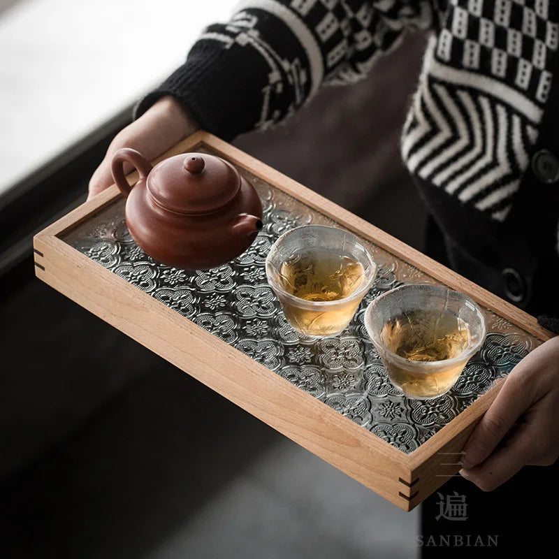 Three Times Retro Black Walnut Glass Embossed Mop Tray Bamboo Tea Tray Ancient Wooden Swing Plate Storage Tray Tea Ceremony Ut