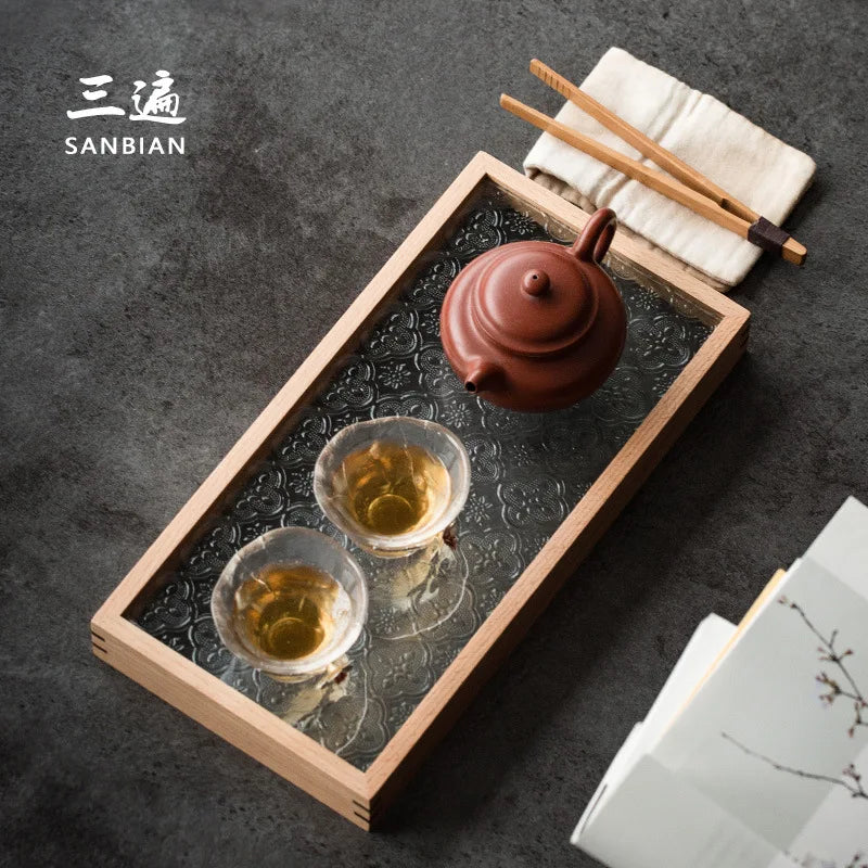 Three Times Retro Black Walnut Glass Embossed Mop Tray Bamboo Tea Tray Ancient Wooden Swing Plate Storage Tray Tea Ceremony Ut